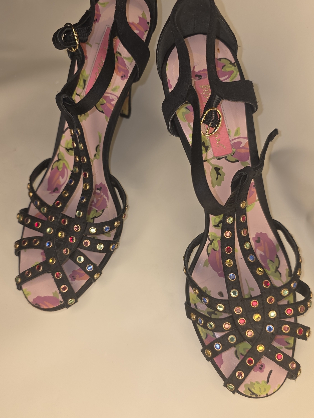 BETSY JOHNSON Black Strappy Satin High Heels with Multicolor Stud Accents
